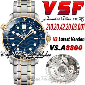 V3 Diver 300m Mens Watch Sv210.20.42.20.03.001 VSF8800 Automático Tone Tone Amarelo Cerâmica de ouro Boleceba azul Textura Dial Bracelet Super versão Eternity Relógios