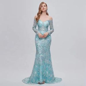 Party Dresses long sleeve sequins one shoulder zipper 20cm train women mermaid evening party dress 381071