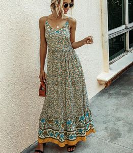 カジュアルドレスAyualin Beige Floral Print Cotton Maxi Women Vintageセクシーな袖なしBoho Beach Summer Long Dress Ruffles Strap Vestidos