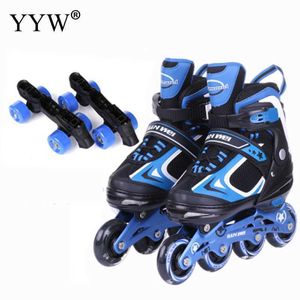 Pattini da ghiaccio Roller Skate 2 in 1 In linea Doppia fila regolabile Pu Ruote in gomma Scarpe Sneaker Pattinaggio Bambini Nero Ragazzi Ragazze L221014