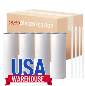 US Warehouse Sublimation Blanks Mugs oz rostfritt stål rak tumlers tomvit tumbler med lock och halmvärmeöverföring koppar vattenflaskor st kartong