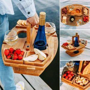 Mobili da campeggio Tavolo da picnic per esterni in legno Scrivania rimovibile da campeggio portatile Portabicchieri per vino Vassoio per snack di frutta per feste