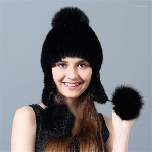 Berets Real Woven Bomber Hats Women Ladies Natural 3 Balls Ear Protection Caps Winter Warm Thick Beanies 2022