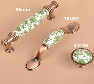 96mm Europe Style White and Green Porcelain Furniture Handle Red Bronze Cabinet Drawer Pull Knob Antique Copper Dresser Handle9309678