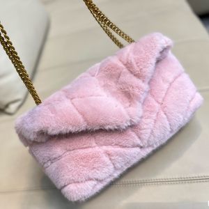 Womens Designer Shearling Fur Puffer Cloud Bags Chevron line V-stitch Purse Aged Gold Metal Chain Crossbody Shoulder Jumbo Luxury Designer Handbags 29X18CM