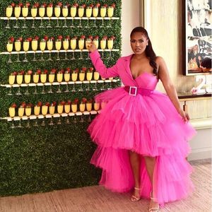 Casual Dresses Vestidos Fuchsia High Low Long Women Summer 2022 One Shoulder Ruffles Tiered Tulle Formal Party Dress Pink Gowns