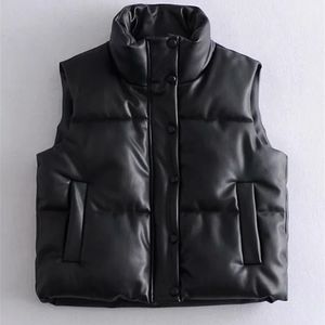 Womens Vests Puffy Down Black Pu Leather Woman Jacket Coat Autumn Winter Outwear Puffer Female Sleeveless 221026