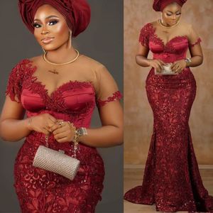 Arabic Aso Ebi Burgundy Mermaid Prom Dresss Lace in rilievo Formale Formale Reception Birthday Gowns Birthing Dress Zj600