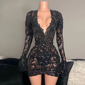 Little Black Dress Sparkly Illusion Short Prom Dresses Long Sleeves V Neck Mermaid Birthday Cocktail Party gown Celebrity Gowns