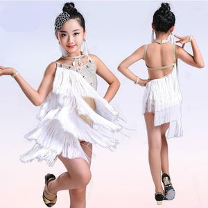 Scen slitage paljett tassel barn barn barn professionell latin dansklänning för flickor balsal dansklänningar barn fransar salsa spandex