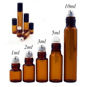 Parfüm şişesi 50pcslot 1ml 2ml 3ml 5ml 10ml Glassmetal bilyalı ince cam silindir esansiyel yağ şişeleri ile şişe üzerinde açık amber cam rulo 221027