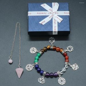 Strand 7 Chakras Reiki Healing Beaded Bracelet Rose Quartzs Pendulum Pendant Necklace For Women & Man Trendy Jewelry Gifts