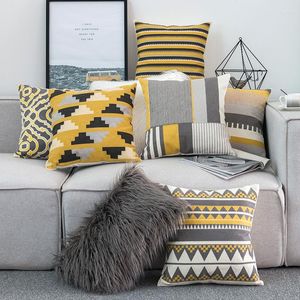 Almofado de travesseiro geométrico nórdico tampa floral bordada amarelo geometria cinza bordado de linho de algodão 18 