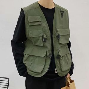 Gilet da uomo Gilet cargo da uomo Tasche multiple Chiusura con fibbie Utensili Tinta unita Giacca senza maniche Gilet traspirante da esterno