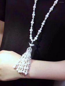Chains Long Fresh Water Pearl Pendant Necklace Bird Tassels Fine Women Jewelry 925 Sterling Silver With Cubic Zircon