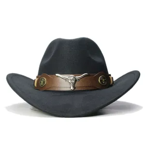 Western Style Cowboy Hat Cowgirl Cap Wide Brim With Bull Skull Leather Belt för kvinnor och män