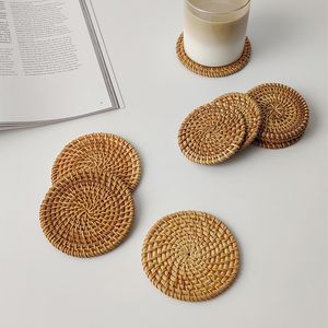 Handmade Woven Ratten Coaster Mats 10/13/16/20cm Round Wicker Coasters for Kitchen Bar Cafe Table