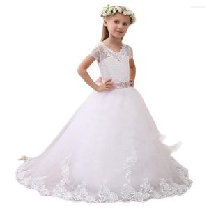 Vestidos de ni￱a Simple White Flower Lace Apliques Tulle Long Communion Ball Vestido Peque￱o Cortaso para ni￱as Occas formales