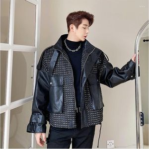 Herrenjacken 2022 Herbst Winter Mode Streetwear Retro Plaid Stitching Lederjacke Herren Lose Funktion Koreanisch Casual Motorrad