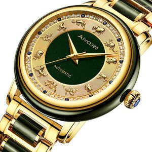 Zegarwatę mody Skala zodiaku Wybierz Cyan Jade Mens Watch Sapphire Diamond Ink -Clock Para Automatyczne zegarki mechaniczne nadgarstka