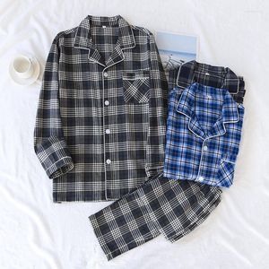 Men's Sleepwear Men's Knitted Cotton Pajama Suit Long Sleeve Home Clothes Plaid Elastic Waist Trousers Pajamas For Men Brushed Fabric 2