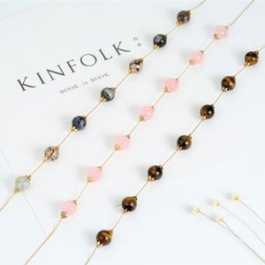 Choker Boho 14mm Natural Tiger Eye Semi Precious Stone Pink Bead Halsband för kvinnor 17 tum länk guldkedjan handgjorda charm