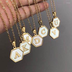 Chains 2022 Stainless Steel Hexagon Initial Letter Necklaces Gold 26 Letters White Shell Charm Pendants Jewelry For Women