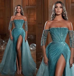 Green Graceful Lake Prom Strapless Half Sleeves Party Dresses Sequins Split With Overskirts Custom Made Evening Dress