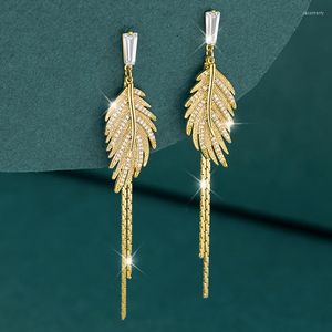 Stud Earrings Exquisite Design Gold Leaf Tassel Earring For Women 14k Real Micro Pave Zircon Bohemia Jewelry Accessories