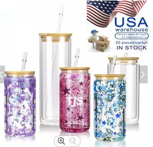 US 16oz 25oz Sublimation tumblers Mugs double wall snow globe Glass Can Creative Sequins tumblers shape Bottle with Lid and Straw Mason Jar Juice Cup 1027