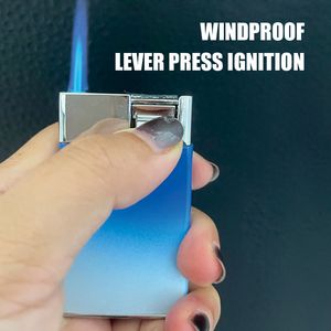 Creative Gradient Coloring Torch Lighter Lever Press Ignition Windproof Metal Gas Butane Refill Cigarette Lighter Jet Men Gadget Gift