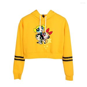 Damen Hoodies Kawaii Buttercup Ästhetisches Mädchen Abgeschnittenes Sweatshirt Harajuku Mode Gestreifter Frauen Hoodie Cartoon Print Ctop Top