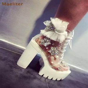 Buty luksusowe platforma ślubna buty masywne na wysokim obcasie biała koronkowa siatka kwiatowy sandałowy sandał Bing kryształowy koralik kostka qdq jimm159t
