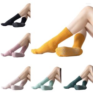 Sports Socks Women Autumn Non-Slip Yoga Crew With Non Skid Silicone Grips Ribbed Cotton Solid Color Stockings For Pilates Barre