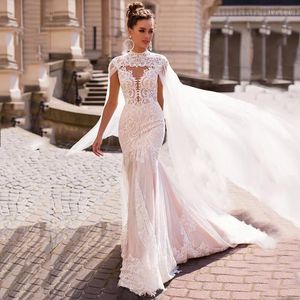 Wedding Dress Mermaid Dresses With Cape 2022 Sheer O-Neck Gorgeous Lace Tulle Light Champagne Bridal Gown Button Back Sweep Train