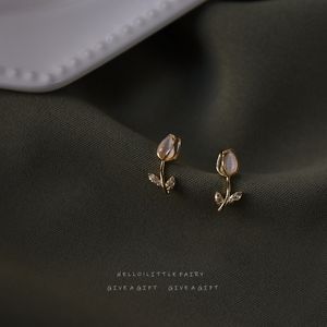 Tulip Cat's Eye Zircon Women's earrings Charm tender Baroque shaped freshwater pearl 925 silver needle handmade design matte temperament earrings vintage