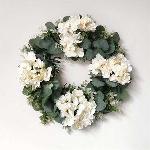 Białe hortensja zielone liście eukaliptus girland wystrój domu sztuczny wieniec kwiatowy do dekoracji ślubnej ozdoby świąteczne