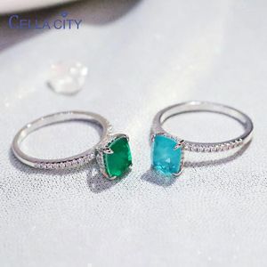 Cluster Rings Cellacity Women's Silver Ring med rektangulär syntetisk turmalin Emerald Paraiba Stone 7 8mm S925 Fina smycken