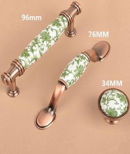 96mm Europe Style White and Green Porcelain Furniture Handle Red Bronze Cabinet Drawer Pull Knob Antique Copper Dresser Handle7413006