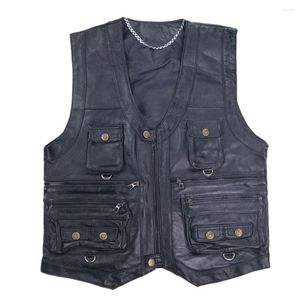 Men's Vests Men's Waistcoat Genuine Leather Reporters Suit Many Pocket Quinquagenarian Men Vest Tops Sleeveless Jacket