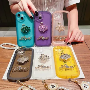 3D DIY Handmade Customized Bling Diamond Glitter Cases Rhinestone Cute Swan Clear Silicone Cover with Pearl Lanyard for Iphone 14 13 12 11 Pro Max XR XS Max 8 7 6S Plus