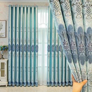 Curtain European Style Velvet Embroidered Blue Curtains For Living Room Bedroom Dining Luxury Villa Shading Window Drape Custom Size