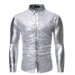 Camicie casual da uomo Camicia da uomo in patchwork lucido argento da uomo 2022 Abito da indossare in discoteca a maniche lunghe Abito da uomo DJ Prom Stage Cantante Costumi XL