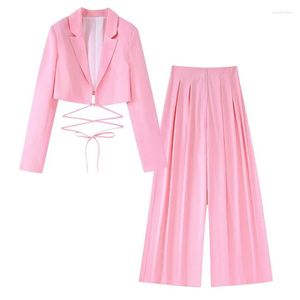 Женские брюки с двумя частями Zatrhmbm Женская одежда мода шелк Silk Satin Satin Shart Pink Blazers для женщин Элегантный стильный с длинным рукавом винтаж