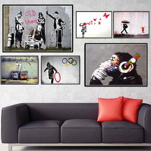 Banksy Street Graffiti Collage Monkey Leinwandgemälde, Poster und Druck, nordischer Stil, Wandkunst, Bilder für Wohnzimmer, Heimdekoration, rahmenlos