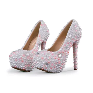 Mix White with Pink Color Wedding Shoes Customized Bridesmaid Pumps 5 Inches High Heel Mother of the Bride Shoes Plus Size