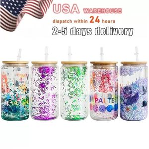 US Warehouse Sublimation Glass Tumbler oz oz Double Sigle Wall Snow Globe Cup Blanks Bamboo Lid Beer Can Glass Mason Jar Mug With Plastic Straw