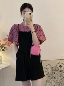 Kvinnors sp￥rningsdr￤kter Preppy Shorts Set Ladies 2022 Summer Polka Dot Short Puff Sleeve Women Top Two-Piece Suspender Casual Liten doft