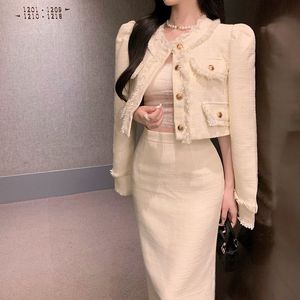 Women's solid color puff long sleeve tweed woolen short jacket and midi long pencil skirt 2 pcs dress suit SML