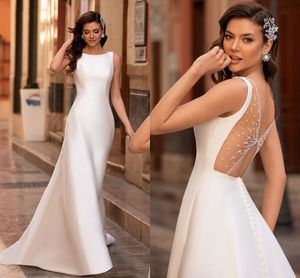 Elegant sj￶jungfru br￶llopskl￤nning 2023 Back Design illusion ￤rml￶s satin p￤rlor brudkl￤nningar golvl￤ngd vestido de novia